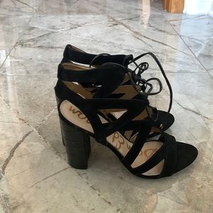 Sam Edelman lace up suede heels with croc block heel